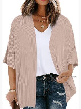 Plus Size Lightweight Cardigan Half Sleeve Ribbed Knit Kimono
